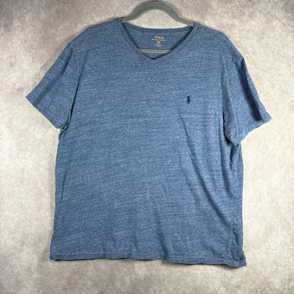 Polo Ralph Lauren T-Shirt Men‎ XL Blue Heathered V-Neck Short Sleeve Pony Logo